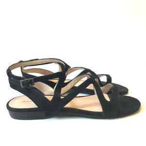 Pelle Moda Baron Sandals Womens 7 Black Suede Buckle Open Toe Flats Criss Cross